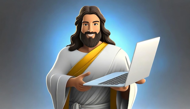 Foto tiro médio de jesus cristo com laptop.