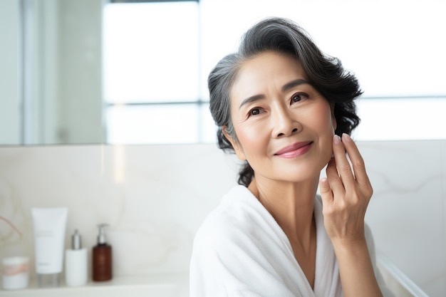 Tiro na cabeça de uma linda mulher asiática de meia idade, 50 anos, parada no banheiro depois do banho, tocando o rosto, olhando para o reflexo no espelho, fazendo a rotina de beleza matinal, conceito de cuidados com a pele mais antigo