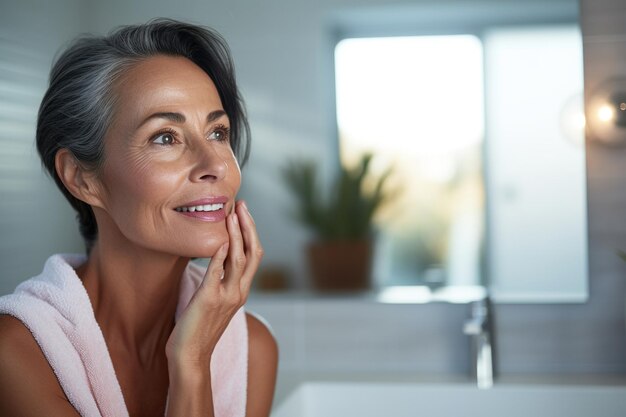 Foto tiro na cabeça de uma linda mulher latina, adulta de meia idade, 50 anos, parada no banheiro depois do banho, tocando o rosto olhando para o reflexo no espelho fazendo rotina de beleza matinal conceito de cuidados com a pele mais antigo