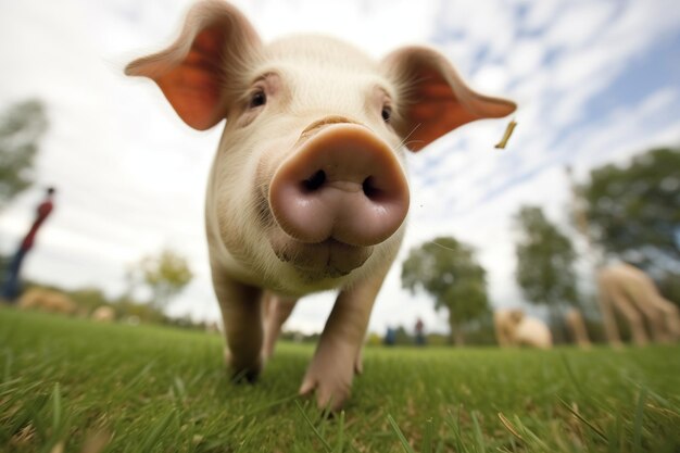 Foto el tiro de ojo de pez de un cerdo corriendo se centra en el hocico y los trotters