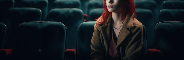 Foto tiro panorâmico de jovem sentado na cadeira de cinema e desviando o olhar generativo ai