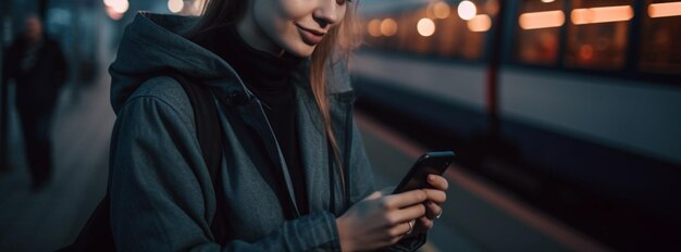 Tiro panorâmico de jovem sorridente em fones de ouvido ouvindo música em smartphonegenerative ai