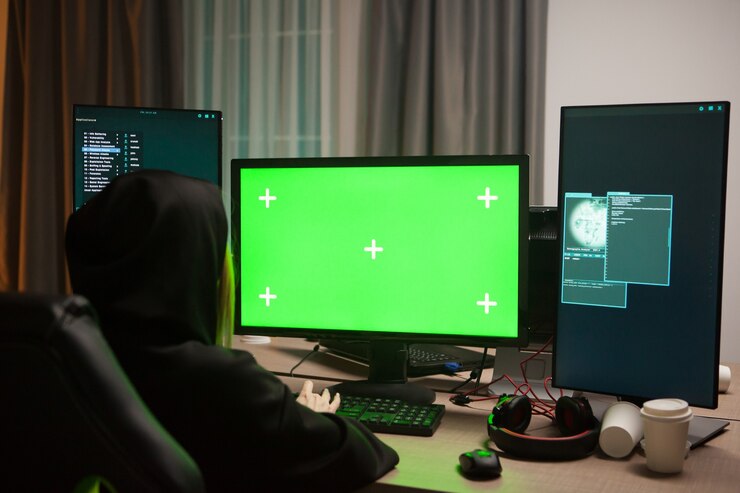 Foto tiro por trás de um hacker feminino, escrevendo um vírus no computador com tela verde.