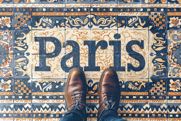 Un tiro de pov mirando hacia abajo en los pies de una persona de pie en un piso de azulejos de mosaico con la palabra París