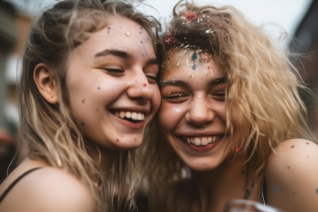 Tiro recortado de duas meninas celebrando juntos criado com generative ai