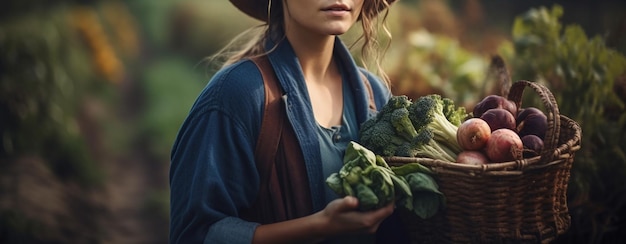 Tiro recortado de mulher segurando cesta de vime com legumes frescos em farmgenerative ai