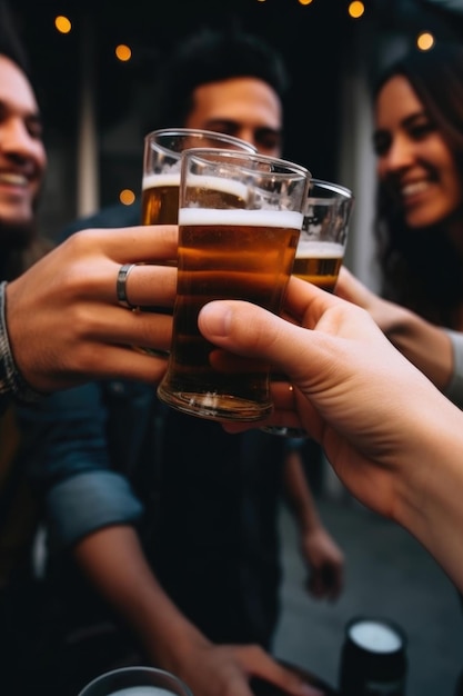 Foto tiro recortado de pessoas irreconhecíveis brindando com uma cerveja ao ar livre criada com generative ai