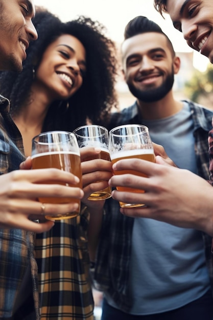 Tiro recortado de um grupo de amigos bebendo cerveja ao ar livre criado com generative ai