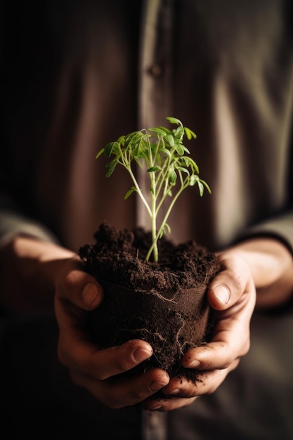 Tiro recortado de um homem irreconhecível segurando uma planta que cresce a partir do solo criado com generative ai