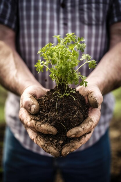 Tiro recortado de um homem irreconhecível segurando uma planta que cresce a partir do solo criado com generative ai