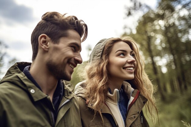 Tiro recortado de um jovem casal curtindo o ar livre na natureza criado com generative ai