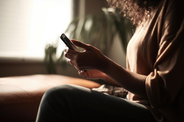 Tiro recortado de uma mulher irreconhecível usando um telefone em casa