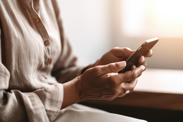 Tiro recortado de uma mulher irreconhecível usando um telefone em casa