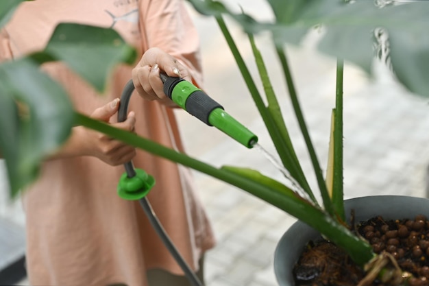 Foto tiro recortado mano femenina regando las plantas y flores con manguera hobby de jardinería concepto de vida doméstica