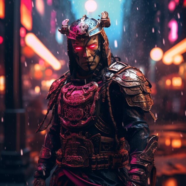 Foto tiro de samurai cyberpunk samurai rodeado por la iluminación de neón de la ciudad