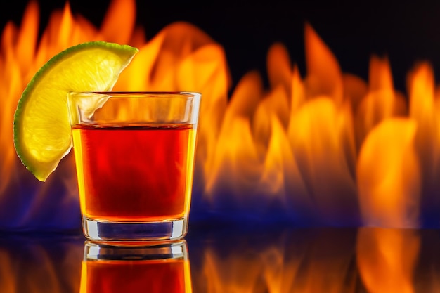 tiro de tequila con una rodaja de limón sobre fondo de fuego Concepto de alcohol fuerte