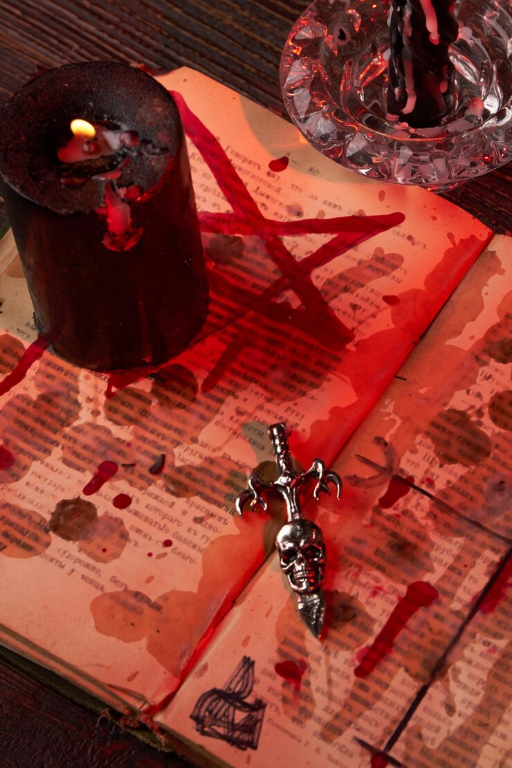 Foto tiro vertical da cruz anticristo na bíblia satânica manchada com sangue queimando vela preta no th