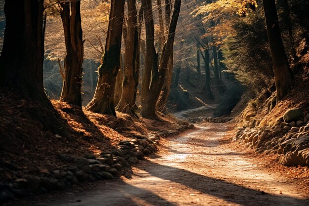 Tiro vertical de um caminho no meio de uma floresta com árvores de folhas castanhas e amarelas