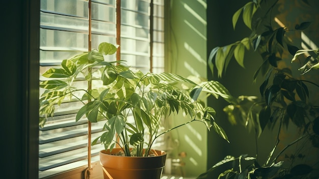 un tiro vertical de plantas verdes en una maceta en el alféizar de una ventana