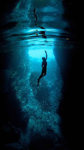 Tiro vertical subaquático de um mergulhador alcançando a superfície com uma mão