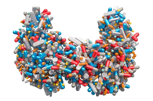 Foto tiroide de pílulas de remédio cápsulas comprimidos droga para doença da tireoide conceito renderização 3d