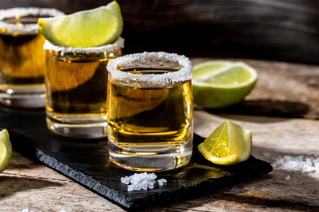 Tiros de tequila mexicana de ouro com limão e sal bebida nacional mexicana alcoólica