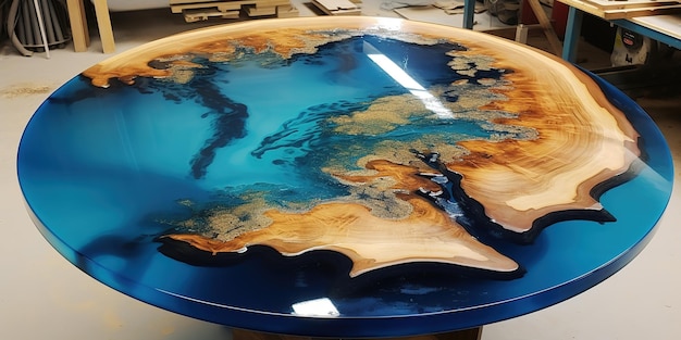 Tisch aus blauer Epoxidharzwelle und Holz