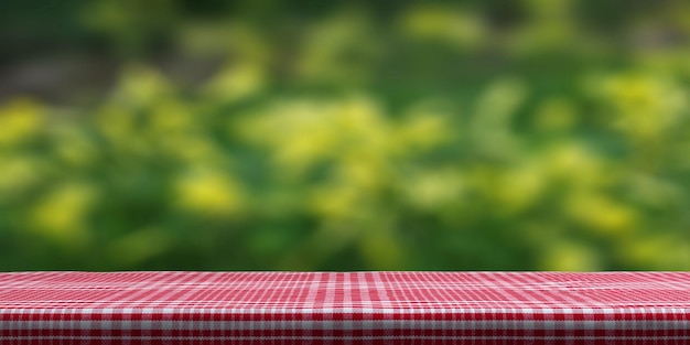 Tisch bedeckt mit roter Tischdecke auf verschwommener Natur Hintergrund kopieren Raum 3D-Darstellung