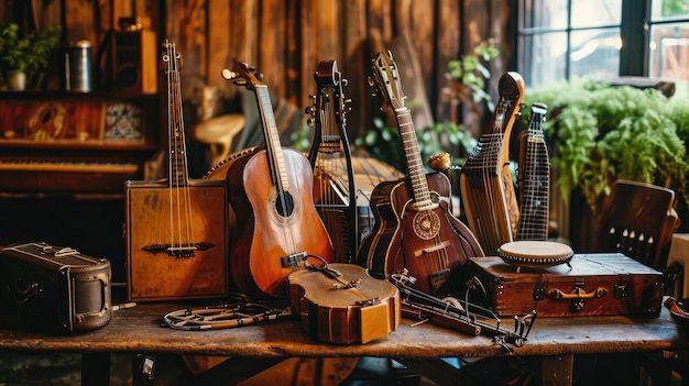 Tisch bedeckt mit verschiedenen Musikinstrumenten zum kreativen Ausdruck