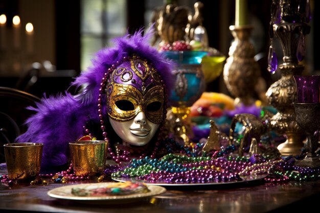 Tisch für die Mardi Gras Party geschmückt