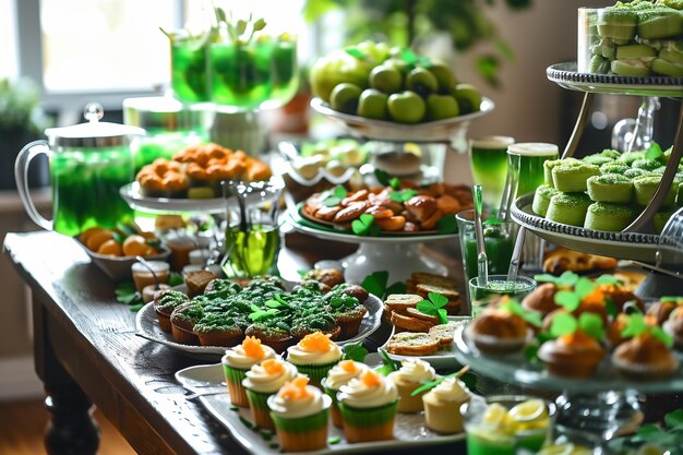 Tisch für die St. Patrick's Day-Party mit verschiedenen Speisen und Getränken, Essensstil und Dekoration