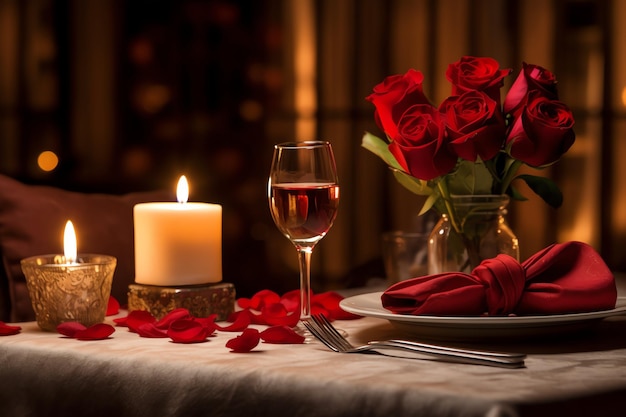 Tisch für ein romantisches Abendessen mit zwei Champagnergläsern, einem Strauß roter Rosen oder einer Kerze