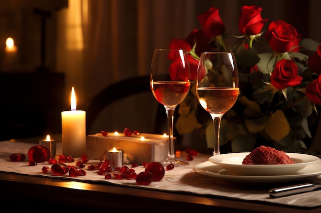 Tisch für ein romantisches Abendessen mit zwei Champagnergläsern, einem Strauß roter Rosen oder einer Kerze