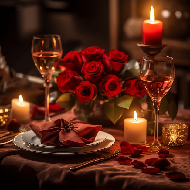 Tisch für ein romantisches Abendessen mit zwei Champagnergläsern, einem Strauß roter Rosen oder einer Kerze