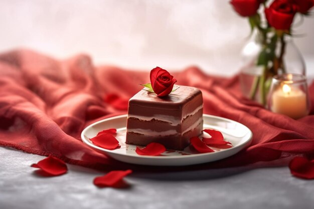 Tisch für ein romantisches Abendessen mit zwei Champagnergläsern, einem Strauß roter Rosen oder einer Kerze