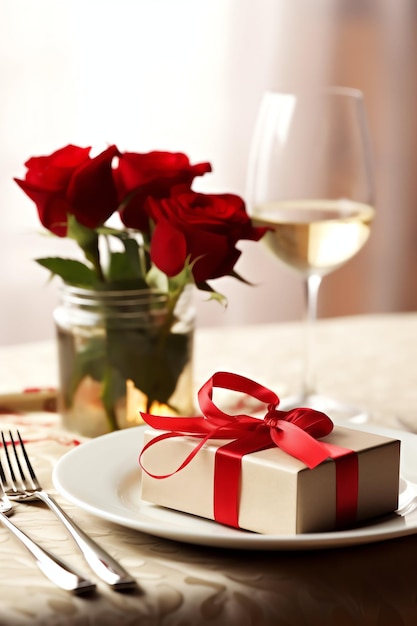 Tisch für ein romantisches Abendessen mit zwei Champagnergläsern, einem Strauß roter Rosen oder einer Kerze