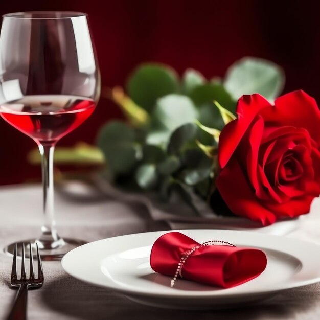 Tisch für ein romantisches Abendessen mit zwei Champagnergläsern, einem Strauß roter Rosen oder einer Kerze