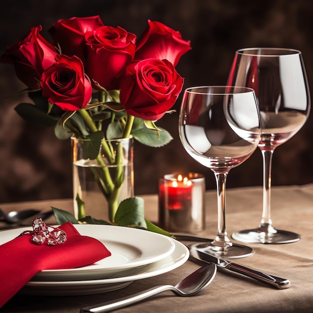 Tisch für ein romantisches Abendessen mit zwei Champagnergläsern, einem Strauß roter Rosen oder einer Kerze