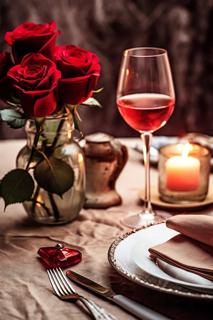 Tisch für ein romantisches Abendessen mit zwei Champagnergläsern, einem Strauß roter Rosen oder einer Kerze