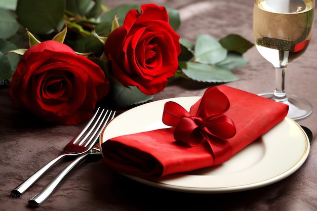 Tisch für ein romantisches Abendessen mit zwei Champagnergläsern, einem Strauß roter Rosen oder einer Kerze