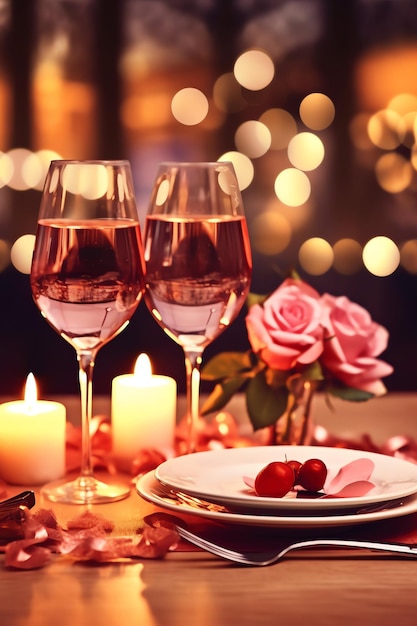 Tisch für ein romantisches Abendessen mit zwei Champagnergläsern, einem Strauß roter Rosen oder einer Kerze