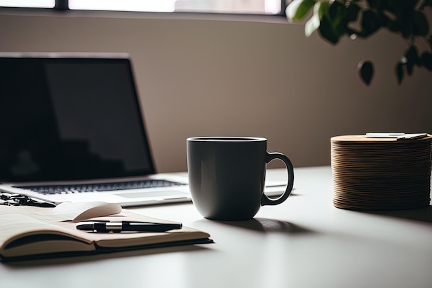 Tisch im Büro mit Laptopbecher und Tagebuch