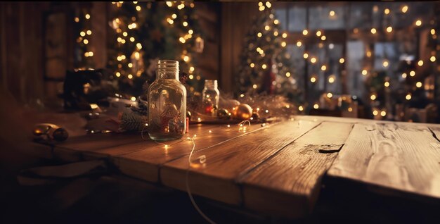 Foto tisch im restaurant ein holztisch mit weihnachtsdekoration und einem blauen