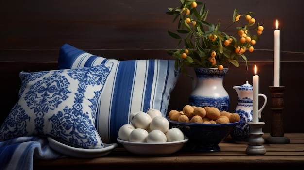 Tisch mit blau-weißen Kissen und einer Blumenvase