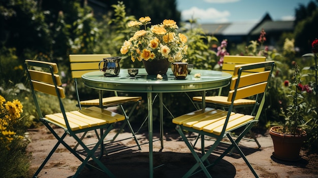 Tisch mit Blumen und Stuhl