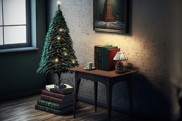 Tisch mit Büchern, Lampe, Weihnachtsbaum und Geschenken in der Nähe der Ziegelwand im Zimmer