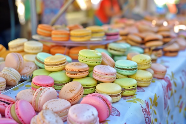 Tisch mit bunten Macarons an einem französischen Marktstand im Freien