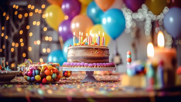 Tisch mit einer Geburtstagstorte mit Kerzen, Luftballons, Partydekorationen, Schokolade und Leckereien auf einer Geburtstagsfeier. Generative KI