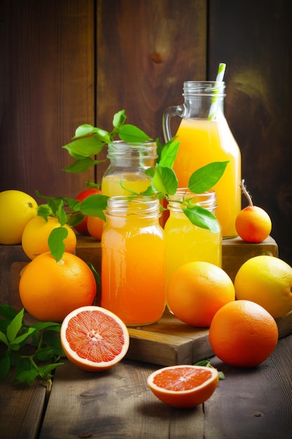 Tisch mit Orangen und mit Orangensaft gefüllten Gläsern neben Grapefruits. Generative KI