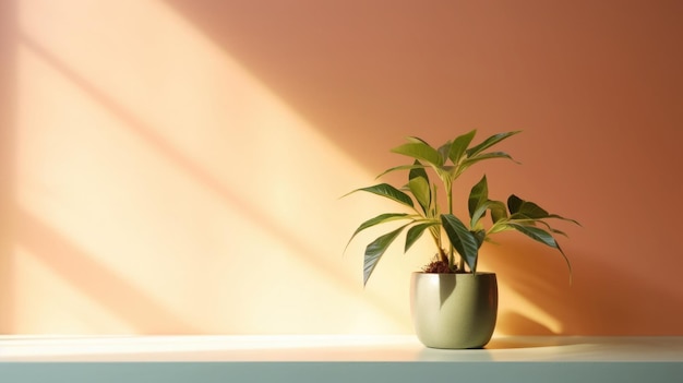 Tisch mit Pflanze in Vase vor Wandhintergrund Generative KI